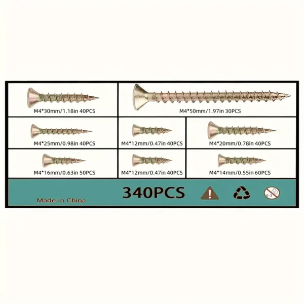 340pcs M4 Flat Head Wood Screw Set
